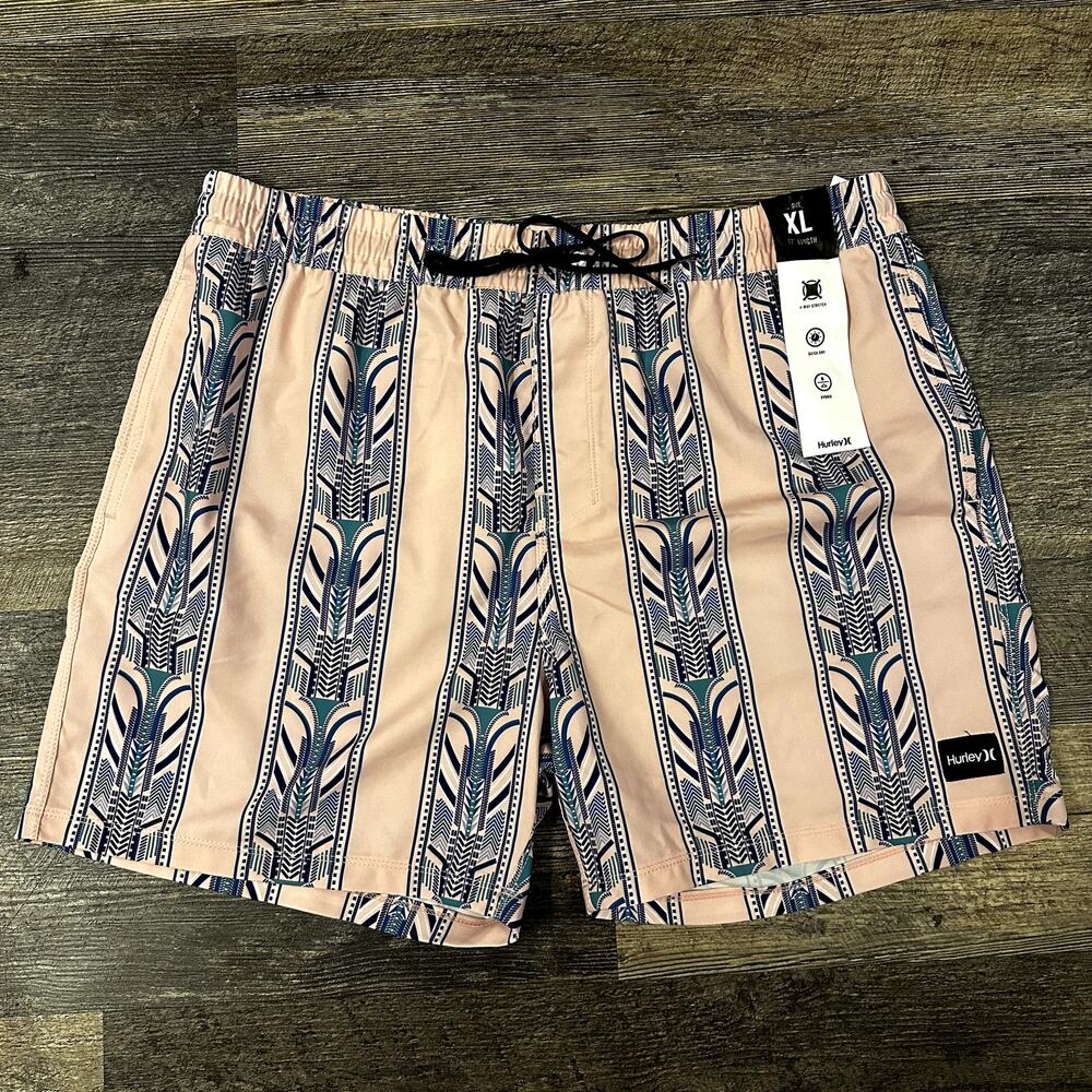 Hurley Men's Pink Green Printed Elastic Waist Boardshorts  Swim Shorts Sz XL NWT